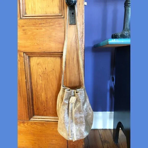 Marie Turnor Neutral Metallic Textured Drawstring Bucket Bag - Picture 2 of 7